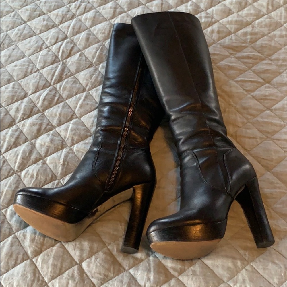 Michael Kors Black Leather Platform Knee-High Heeled Boots